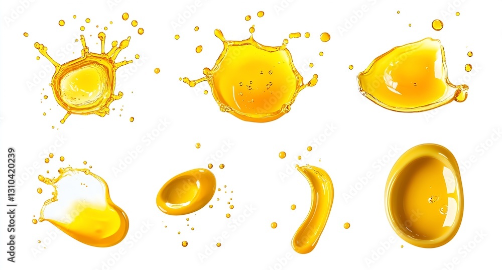 Poster dynamic splashes of golden yellow oil and drops captured in high detail on white background : genera