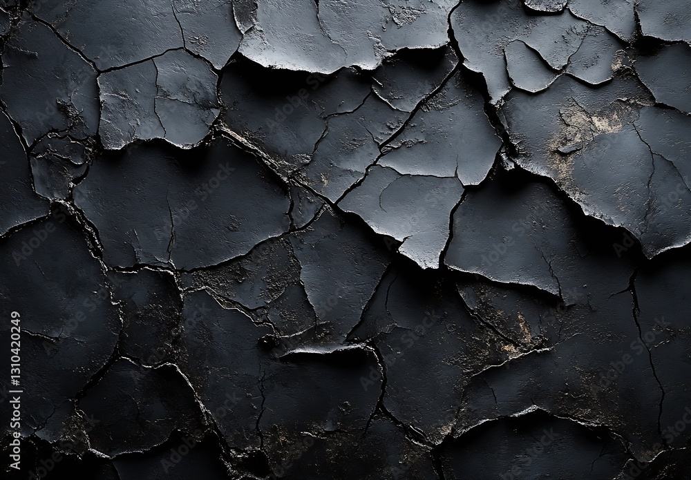 Fototapete Close up of cracked black surface with a gritty texture adding depth and character to an abstract background : Generative AI