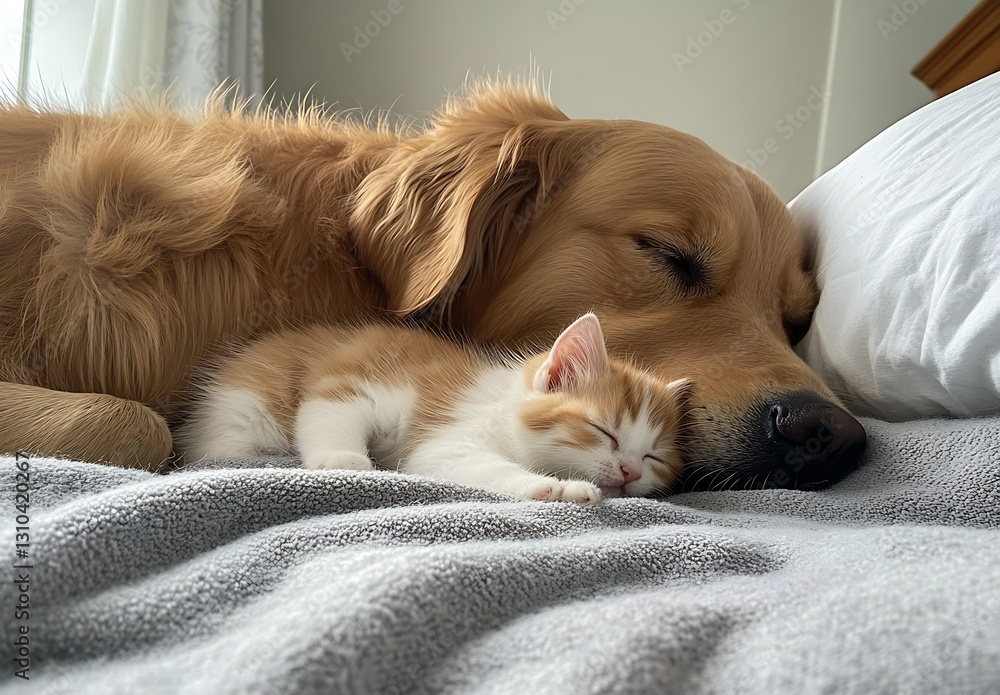 Poster golden retriever and playful kitten napping together on a soft blanket in a warm bedroom : generativ
