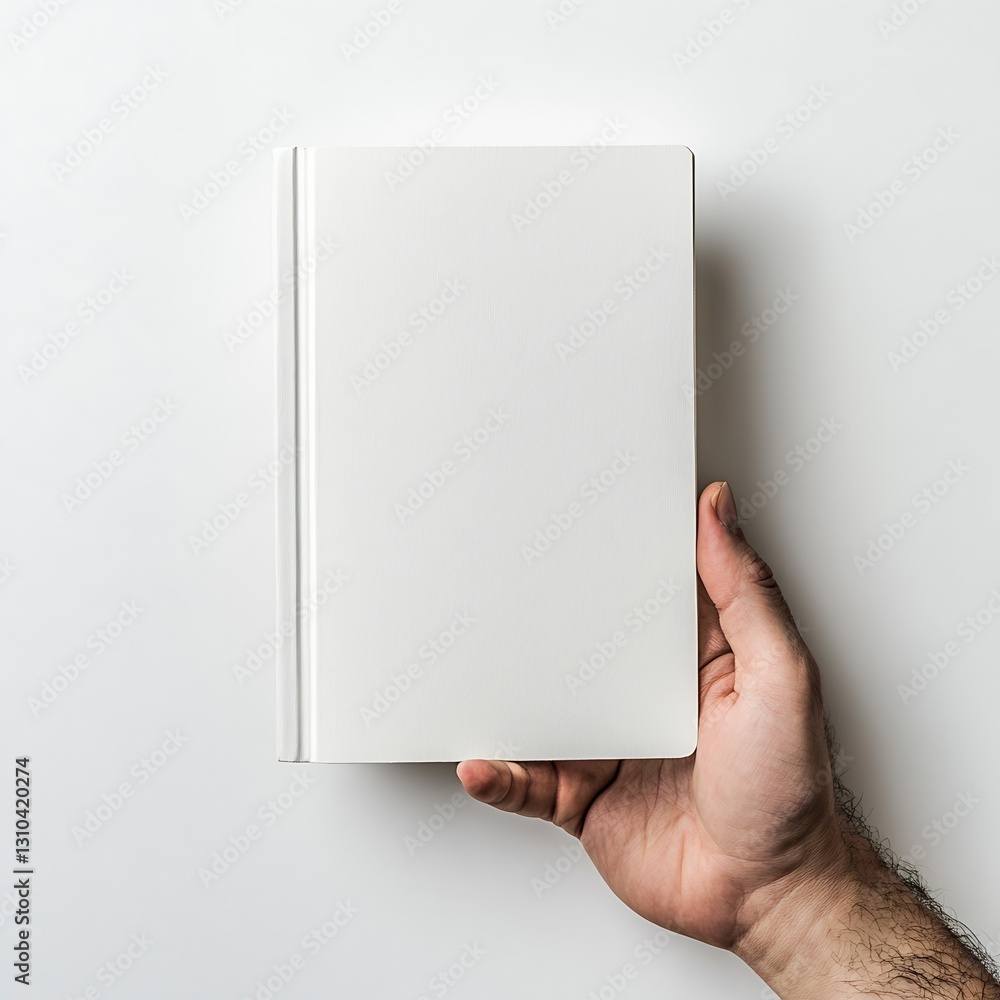 Poster Stylish hand presenting a sleek white book against a minimalistic light background for design use : Generative AI
