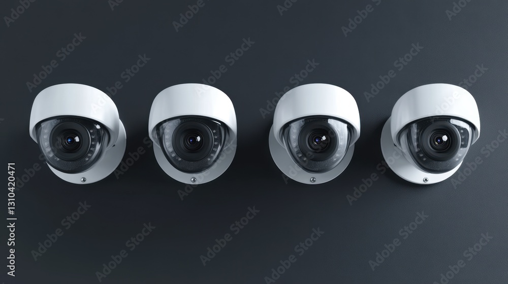 Poster a set of security cameras with different lens sizes displayed on a dark gray background.