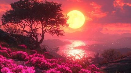 Sunset over a valley, flowering hillside