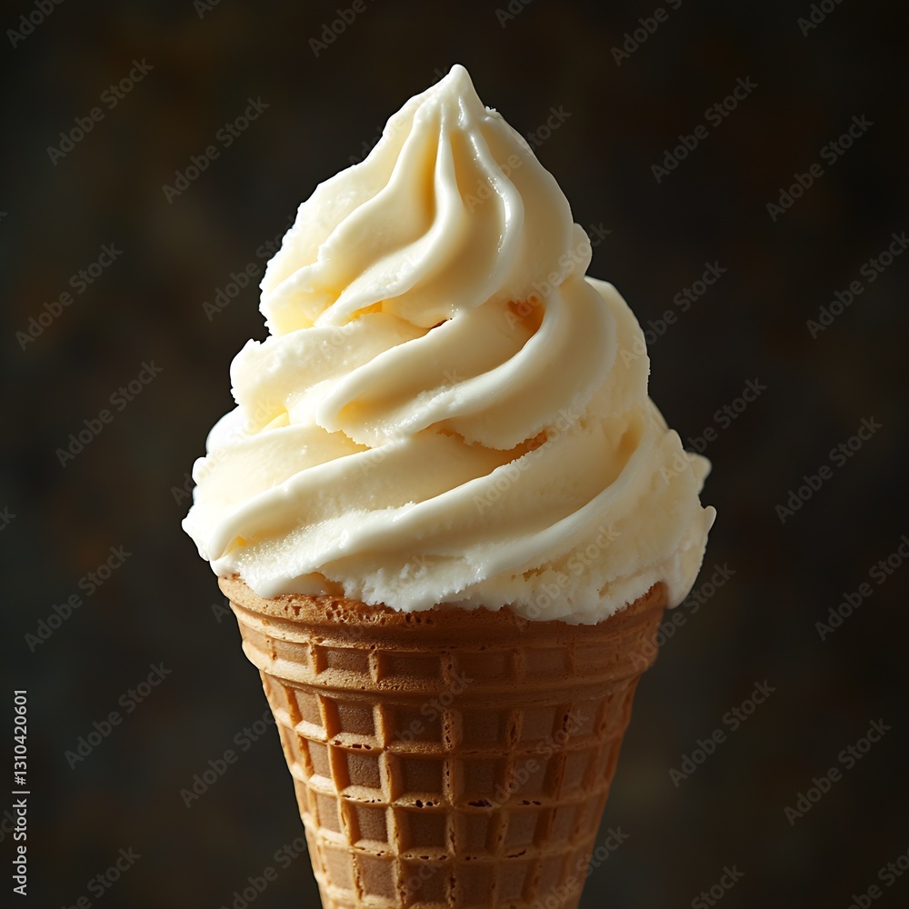 Poster deliciously swirled vanilla ice cream cone against a dark background : generative ai