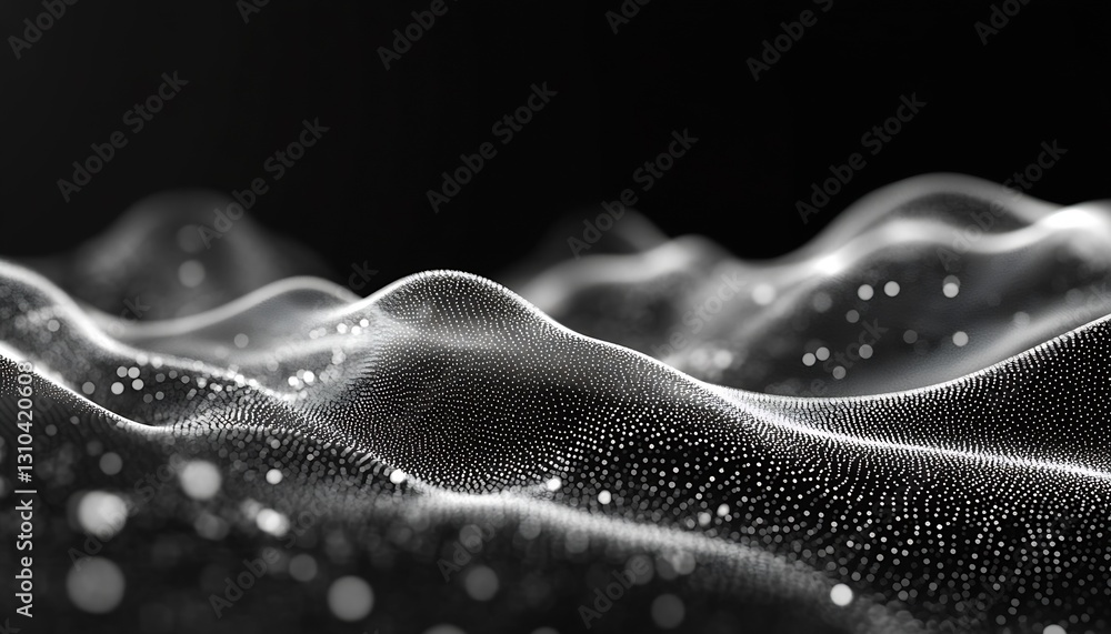 Poster Stunning monochrome abstract visualization of flowing waves and sparkling particles on a black background : Generative AI