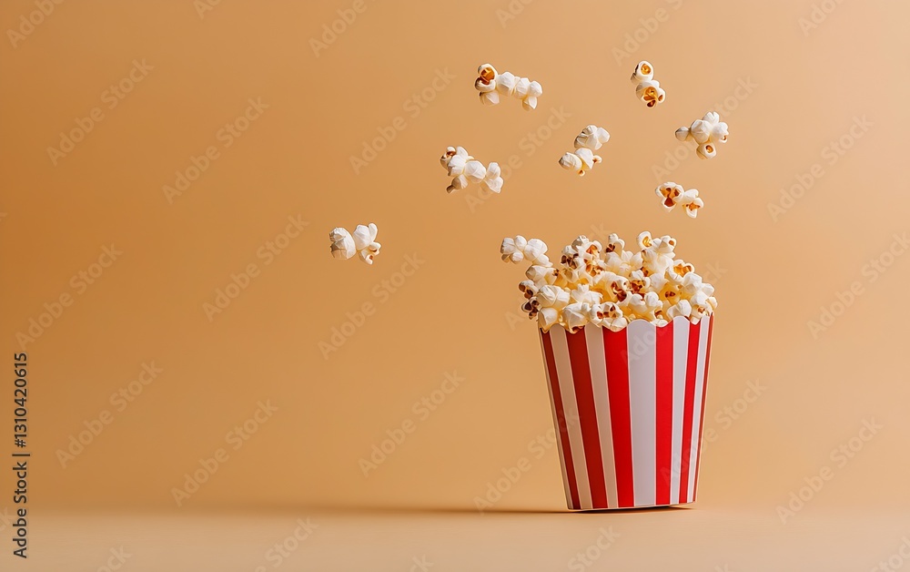 Poster charming view of a red and white striped popcorn bucket with flying popcorn pieces : generative ai