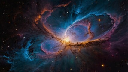 A breathtaking, vibrant depiction of the cosmos, set against a deep, inky black background, with swirling clouds of iridescent gas and stardust illuminated by a kaleidoscope of colors, from fiery oran