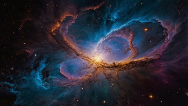 A breathtaking, vibrant depiction of the cosmos, set against a deep, inky black background, with swirling clouds of iridescent gas and stardust illuminated by a kaleidoscope of colors, from fiery oran