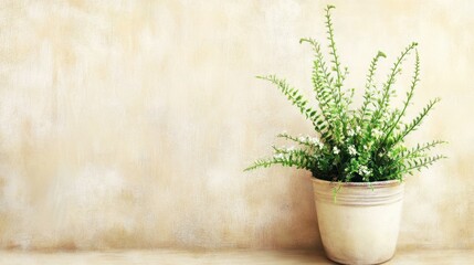 Fototapeta premium A simple potted fern with tiny flowering buds placed on a soft beige background.
