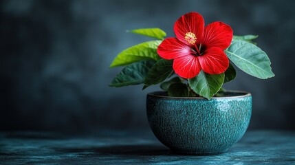 Red Hibiscus in Teal Pot on Dark Background