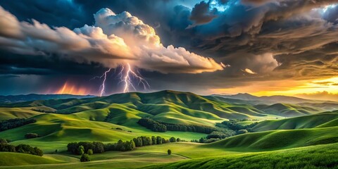 Dramatic Landscape: Rolling Hills with Striking Lightning Storm