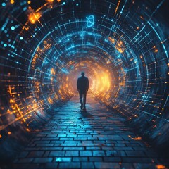 Man Walking Through a Time Portal with Glowing Clock