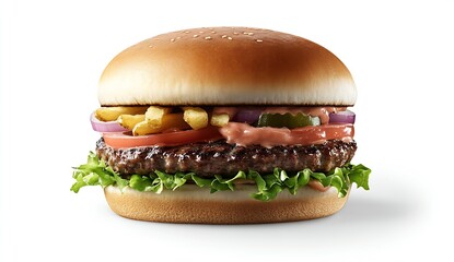 Classic hamburger stacked with pickles french fries and fresh vegetables served on a sesame seed bun : Generative AI