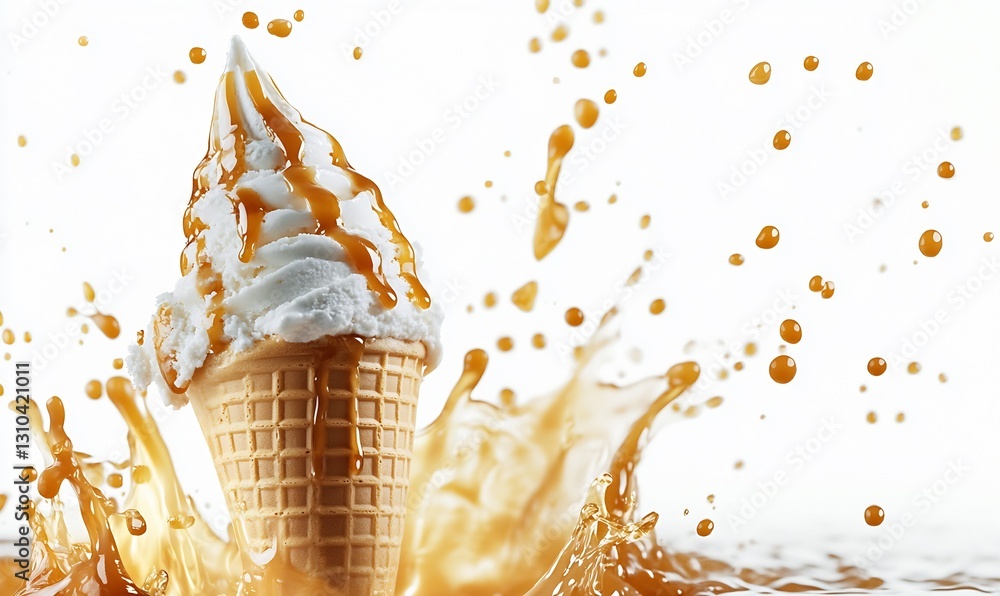 Poster delicious ice cream cone splashing in caramel sauce with droplets captured in mid air : generative a