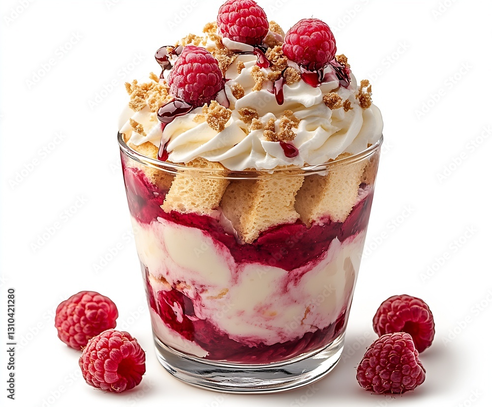 Poster Indulgent dessert featuring layers of raspberry compote vanilla cream and crushed cake topped with fresh berries : Generative AI