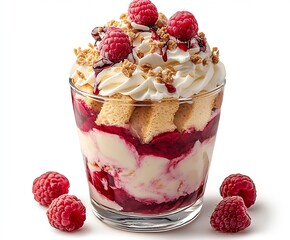 Indulgent dessert featuring layers of raspberry compote vanilla cream and crushed cake topped with fresh berries : Generative AI