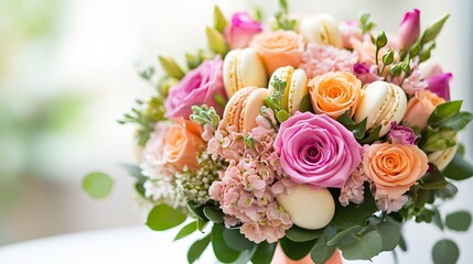Professional Floral Bouquet with Colorful Macarons for Events and Celebrations
