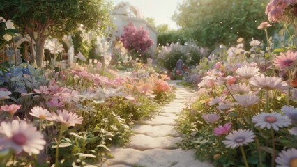 A whimsical, dreamy 3D illustration of a garden, overflowing with vibrant, pastel-hued flowers in soft focus, featuring delicate petals and intricate details, set against a creamy white background wit