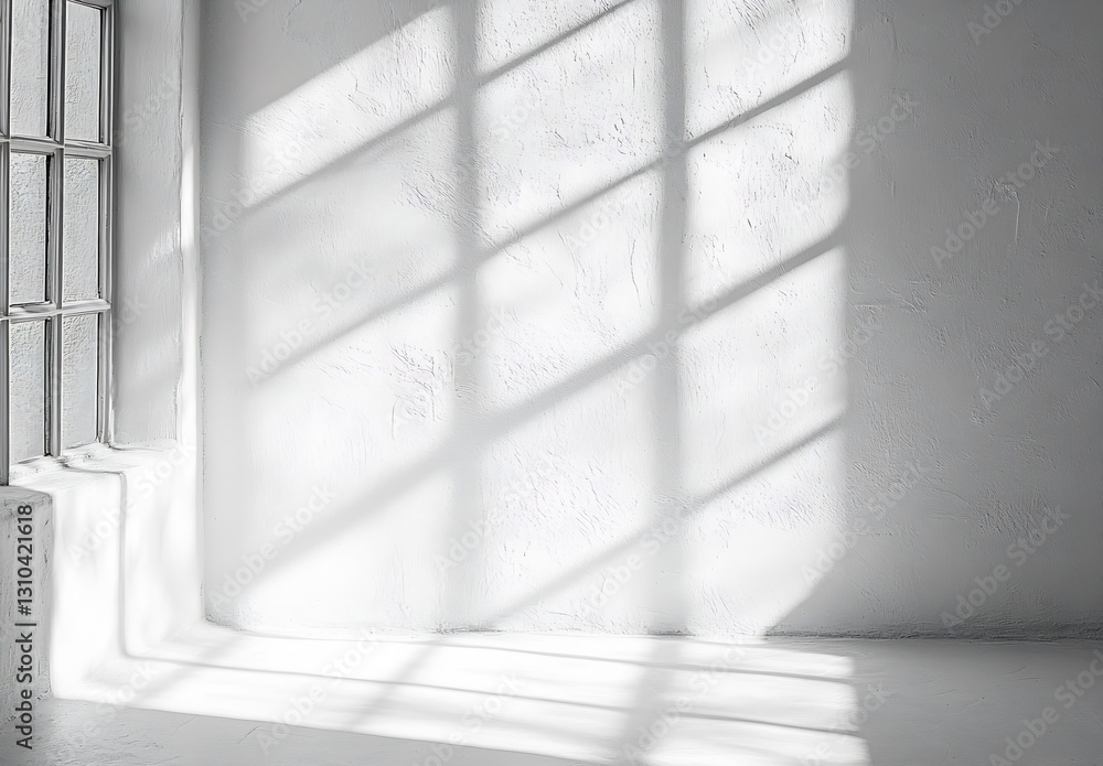 Aufkleber Minimalist interior with pure white wall and geometric light patterns from window casting calming shadows : Generative AI
