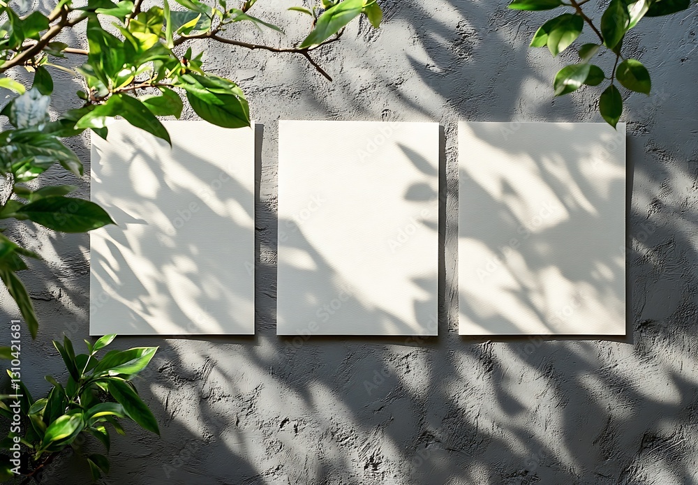 Poster three blank cream colored sheets displayed against a textured gray wall surrounded by green foliage 