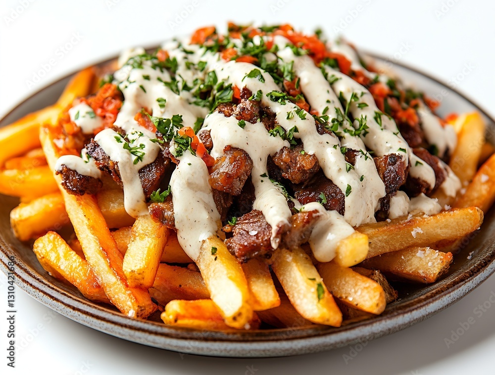Poster Appetizing serving of crispy fries topped with tender beef and creamy sauce with fresh herbs : Generative AI