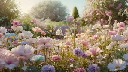 A whimsical, dreamy 3D illustration of a garden, overflowing with vibrant, pastel-hued flowers in soft focus, featuring delicate petals and intricate details, set against a creamy white background wit