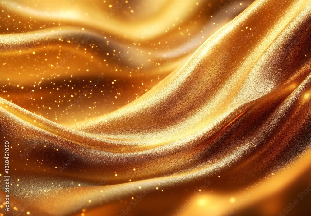 Poster Luxurious golden waves of shimmering satin fabric with sparkles adding depth to a glitzy abstract background : Generative AI