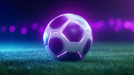 Naklejka premium Futuristic Neon Soccer Ball on Dark Green Field at Night