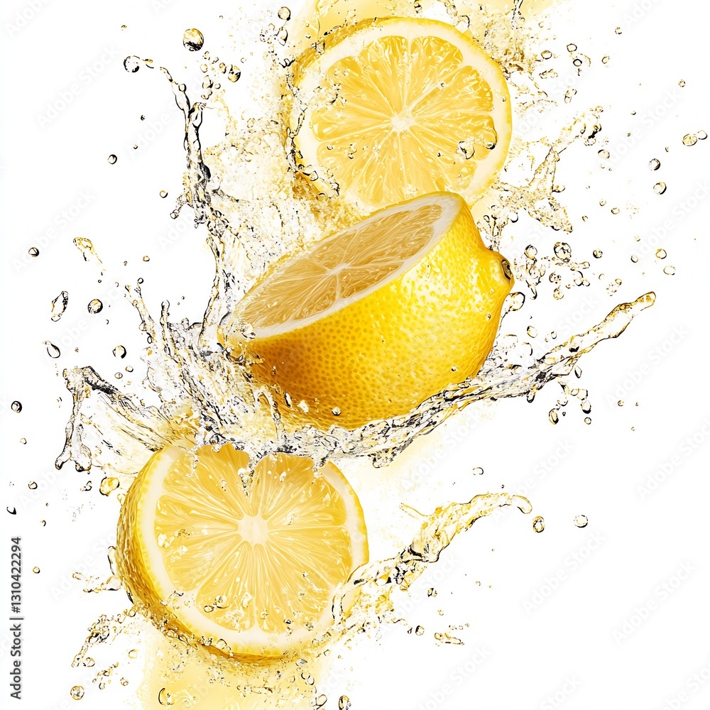 Poster refreshing lemon slices splashing in crisp clean water on white background : generative ai