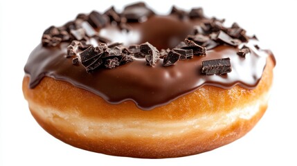 Chocolate glazed donut delightfully presented on white background