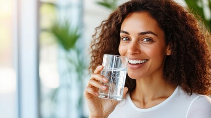 Refreshing moment of a woman enjoying water in a bright cafe atmosphere