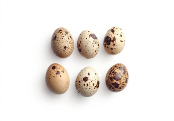 Obraz premium Unique speckled quail eggs artfully arranged against a clean white background : Generative AI