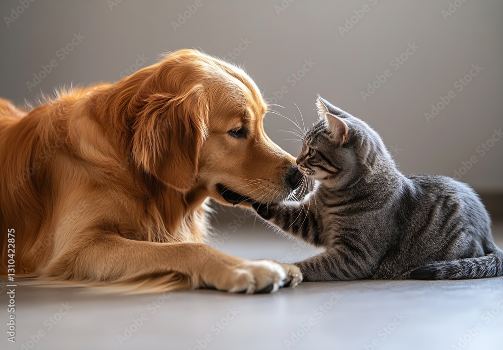 Poster golden retriever and tabby cat enjoying a playful moment in a bright indoor setting : generative ai