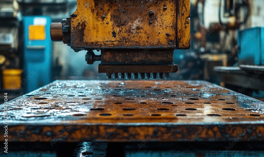 Poster rusty industrial machine with holey surface in workshop setting captured in close-up view