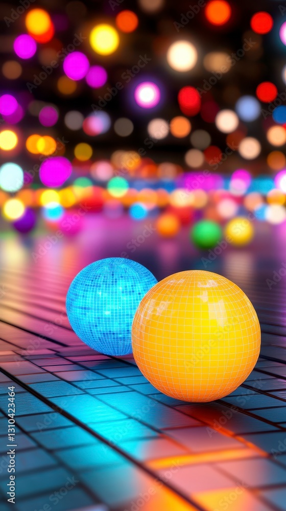 Poster glowing circuit board pattern spheres on reflective surface with colorful bokeh lights