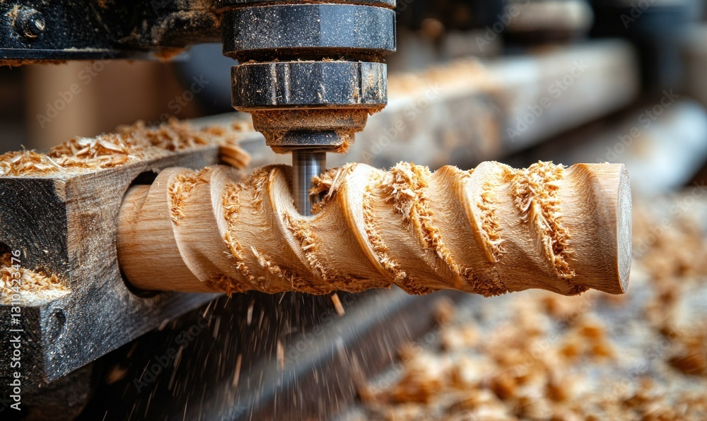 Aufkleber woodworking tool carving spiral pattern in close-up view with shavings and machine
