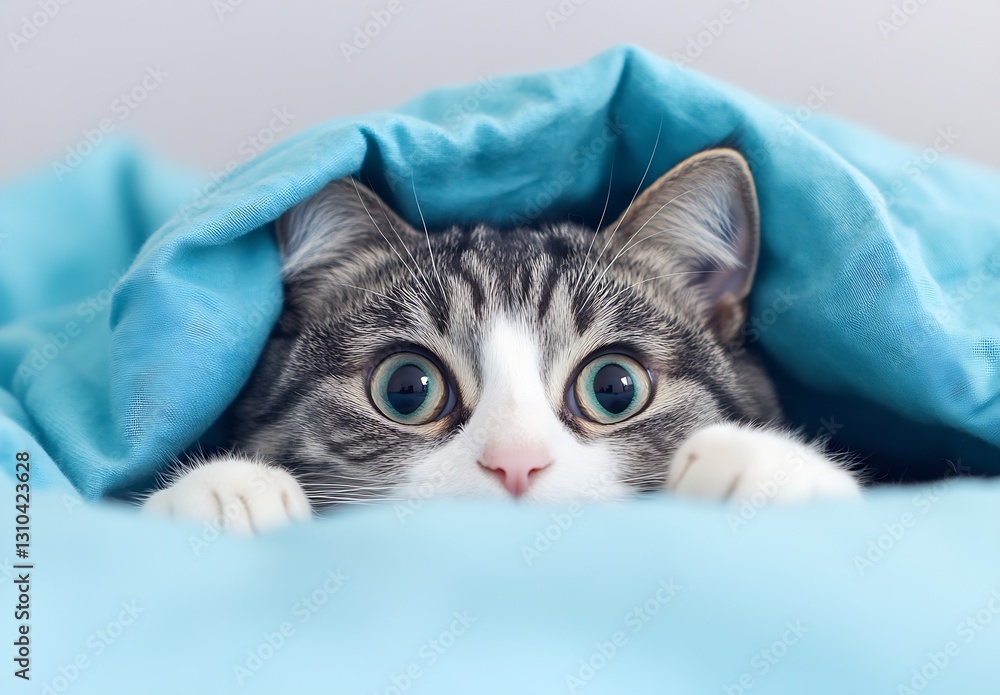 Aufkleber curious striped cat lurking under a blanket with wide green eyes and raised paws : generative ai