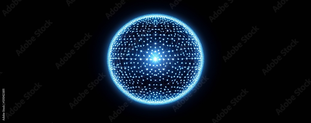 Poster futuristic glowing sphere made of bright neon blue particles in a dark background : generative ai