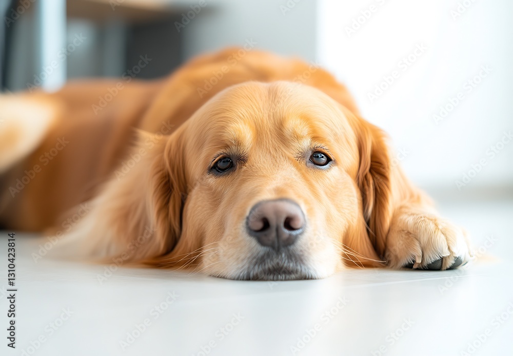 Poster golden retriever dog lying lazily on white floor with calm expression : generative ai
