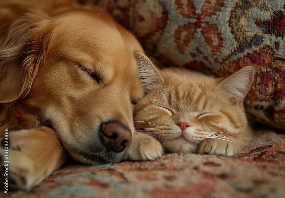 Poster golden retriever dog and orange tabby cat enjoying a sweet nap together on a colorful couch : genera