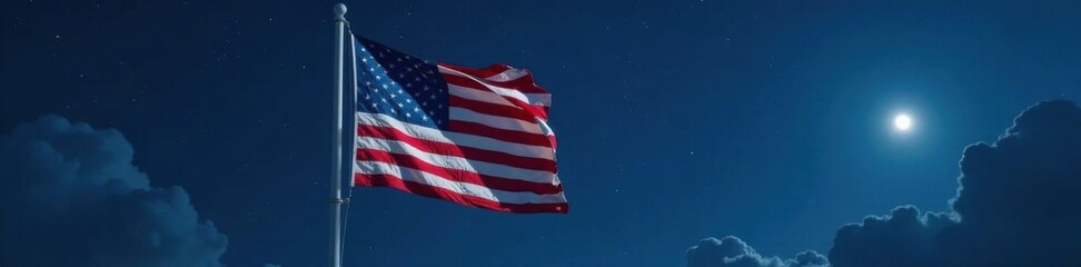 Fototapeta premium American Flag standing tall on dark night sky, sky, night, stars