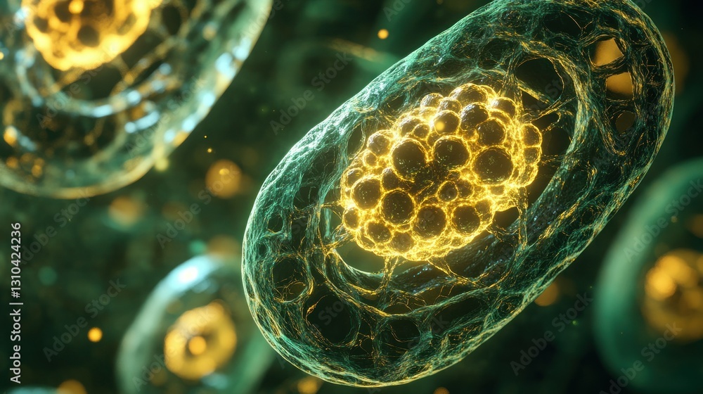Poster intricate visualization of microscopic cell structures with golden color highlights