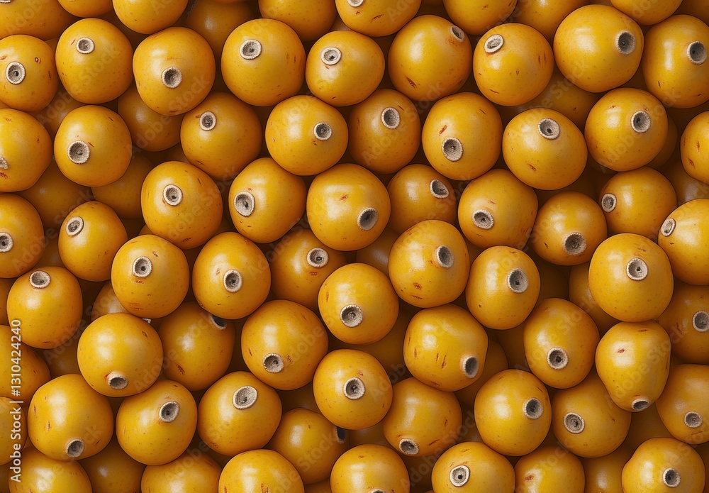 Poster close-up view of vibrant yellow fruit with round shape and smooth surface on neutral background idea