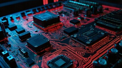 "Futuristic cyberpunk-themed digital artwork featuring a dark motherboard or circuit board layout. The intricate electronic components such as capacitors, microchips, and circuits are illuminated by g