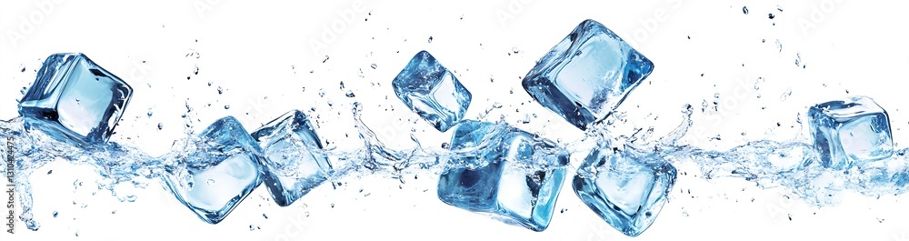 Poster ice cubes floating and splashing in refreshing clear water creating a vibrant and fresh drink scene 