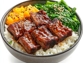 Flavorful Grilled Pork Belly Bowl Served with Spinach and Mango for a Delicious Meal : Generative AI