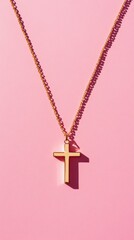 Gold Cross Necklace on Pink Background Minimalist Jewelry Photography