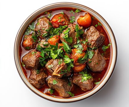 Savory beef stew simmered to perfection with fresh herbs and tomatoes served in a rustic bowl : Generative AI