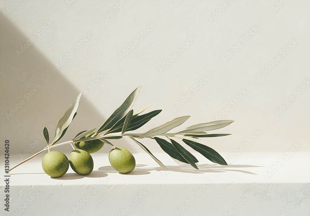 Poster stylish green olives with leafy branch on neutral background for culinary presentation : generative 