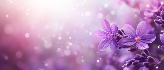Vibrant Purple Flowers in Soft Focus with Glittering Bokeh Lights Creating a Dreamy Atmosphere : Generative AI