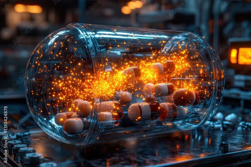Poster vibrant capsules floating in transparent container with glowing particles and technology elements